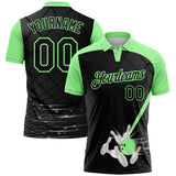 Custom Black-Pea Green Bowling Geometric Grid Performance Polo Shirt