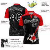 Custom Black Fire Red-White Bowling Geometric Grid Performance Polo Shirt