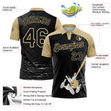 Custom Black-Vegas Gold Bowling Geometric Grid Performance Polo Shirt