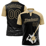 Custom Black-Vegas Gold Bowling Geometric Grid Performance Polo Shirt