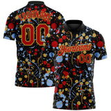 Custom Graffiti Pattern Red Black Light Blue-Old Gold Vibrant Multi-Color Abstract Splatter Performance Polo Shirt