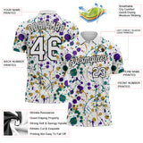 Custom Graffiti Pattern White Purple Teal Old Gold-Black Vibrant Multi-Color Abstract Splatter Performance Polo Shirt