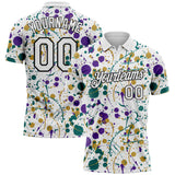 Custom Graffiti Pattern White Purple Teal Old Gold-Black Vibrant Multi-Color Abstract Splatter Performance Polo Shirt