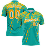 Custom Aqua Gold-White Distressed Scratch Brush Stroke Performance Polo Shirt