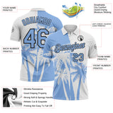 Custom White Light Blue-Black Hawaii Tropical Coastal Palm Trees Performance Polo Shirt
