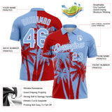 Custom Light Blue Red-White Hawaii Tropical Coastal Palm Trees Performance Polo Shirt