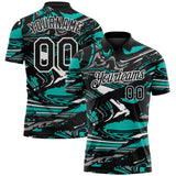 Custom Black Aqua Gray-White 3D Pattern Abstract Fluid Marble Performance Polo Shirt