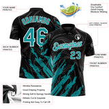 Custom Black Teal-White Brush Stroke Splatter Liquid Swirl Performance Polo Shirt