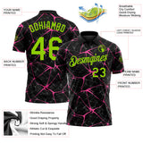 Custom Black Neon Green-Pink 3D Pattern Abstract Network Crackle Performance Polo Shirt