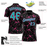 Custom Black Aqua-Pink 3D Pattern Abstract Network Crackle Performance Polo Shirt