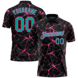 Custom Black Aqua-Pink 3D Pattern Abstract Network Crackle Performance Polo Shirt