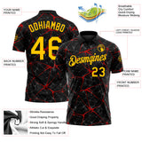 Custom Black Yellow-Red 3D Pattern Abstract Network Crackle Performance Polo Shirt