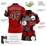 Custom Red Black Gray-White Modern Geometric Tech Hexagon Grid Performance Polo Shirt
