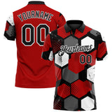 Custom Red Black Gray-White Modern Geometric Tech Hexagon Grid Performance Polo Shirt