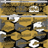 Custom Old Gold Black Gray-White Modern Geometric Tech Hexagon Grid Performance Polo Shirt