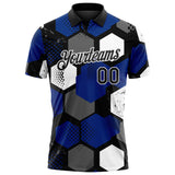 Custom Royal Black Gray-White Modern Geometric Tech Hexagon Grid Performance Polo Shirt