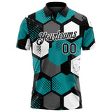 Custom Teal Black Gray-White Modern Geometric Tech Hexagon Grid Performance Polo Shirt