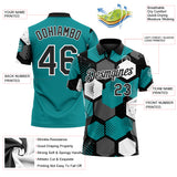 Custom Teal Black Gray-White Modern Geometric Tech Hexagon Grid Performance Polo Shirt