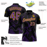 Custom Black Purple-Yellow 3D Pattern Abstract Fluid Swirl Line Performance Polo Shirt