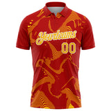 Custom Red Gold-White 3D Pattern Abstract Fluid Swirl Line Performance Polo Shirt