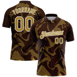 Custom Brown Old Gold-White 3D Pattern Abstract Fluid Swirl Line Performance Polo Shirt