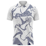 Custom White-Navy 3D Pattern Abstract Fluid Swirl Line Performance Polo Shirt