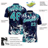 Custom Navy Teal-White Dynamic Splatter Brush Stroke Performance Polo Shirt