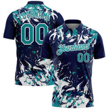Custom Navy Teal-White Dynamic Splatter Brush Stroke Performance Polo Shirt