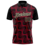Custom Black Crimson-Cream Geometric Block Diagonal Line Hatching Performance Polo Shirt