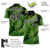 Custom Black Neon Green-White Abstract Grunge Splatter Diagonal Stripe Performance Polo Shirt