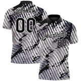 Custom Black Gray-White Abstract Grunge Splatter Diagonal Stripe Performance Polo Shirt