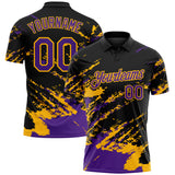 Custom Black Purple-Gold Brush Stroke Shatter Splatter Performance Polo Shirt