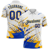 Custom White Thunder Blue-Gold Brush Stroke Shatter Splatter Performance Polo Shirt