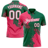 Custom Kelly Green White-Neon Pink Distressed Scratch Brush Stroke Performance Polo Shirt