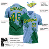 Custom Light Blue Kelly Green-Gold Distressed Scratch Brush Stroke Performance Polo Shirt
