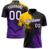 Custom Black White Yellow-Purple Distressed Scratch Brush Stroke Performance Polo Shirt