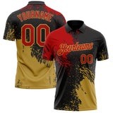 Custom Black Red-Old Gold Distressed Scratch Brush Stroke Performance Polo Shirt
