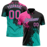 Custom Black Pink-Aqua Distressed Scratch Brush Stroke Performance Polo Shirt