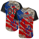 Custom Camo Black Red-Gray American Flag Statue Of Liberty Patriotic Splatter Raglan Sleeves Authentic Baseball Jersey