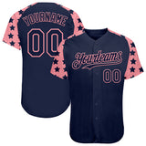 Custom Navy Medium Pink Star Raglan Sleeves Authentic Baseball Jersey