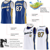 Custom Reversible Royal White-Old Gold Double Side Star Sublimation Basketball Suit Jersey