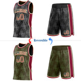 Custom Black(Olive) Vintage USA Flag Cream-Maroon Side Panel Stripe Sun Flame Reversible Double Side Sublimation Basketball Set Jersey