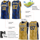 Custom Navy Old Gold-White Side Panel Stripe Sun Flame Reversible Double Side Sublimation Basketball Set Jersey