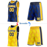 Custom Navy Gold-White Side Panel Stripe Sun Flame Reversible Double Side Sublimation Basketball Set Jersey