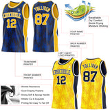 Custom Navy Gold-White Side Panel Stripe Sun Flame Reversible Double Side Sublimation Basketball Set Jersey
