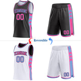 Custom Black Pink-Light Blue Side Panel Geometric Chevron Reversible Double Side Sublimation Basketball Set Jersey