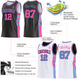 Custom Black Pink-Light Blue Side Panel Geometric Chevron Reversible Double Side Sublimation Basketball Set Jersey
