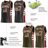 Custom Black(Olive) Vintage USA Flag Cream-Maroon Side Panel Geometric Chevron Reversible Double Side Sublimation Basketball Set Jersey
