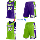 Custom Purple White-Neon Green Side Panel Geometric Chevron Reversible Double Side Sublimation Basketball Set Jersey