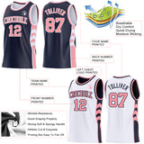 Custom Navy Medium Pink-White Side Panel Geometric Chevron Reversible Double Side Sublimation Basketball Set Jersey